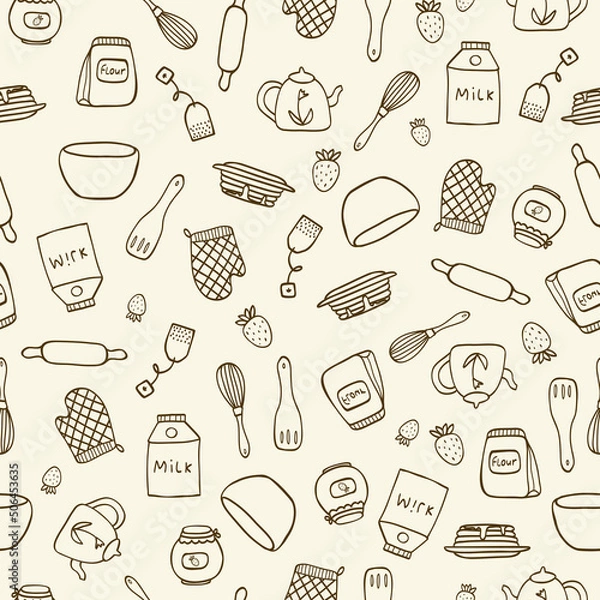Fototapeta Vector seamless pattern with hand drawn food and kitchen items in doodle style. For feast invitation, fabric, kitchen textile, towel print, cover of cooking book, packaging design, template labels.
