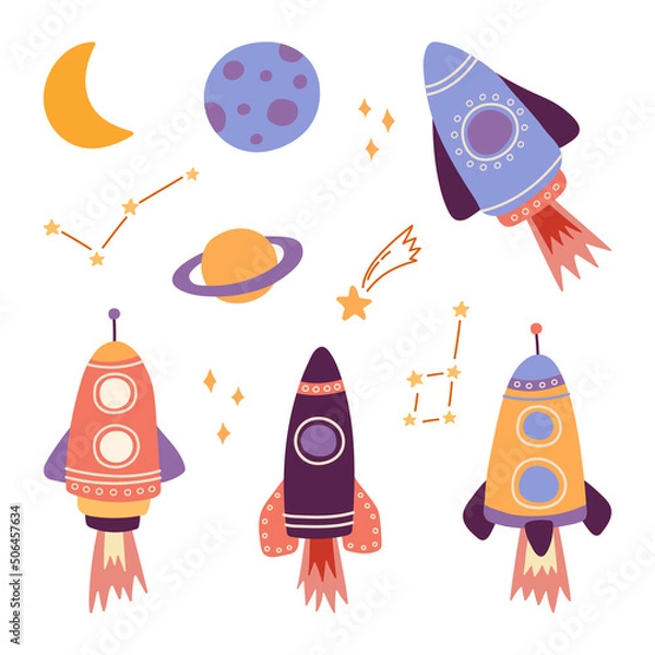 Obraz Set of cartoon spaceships isolated on white background. Hand drawn vector illustration