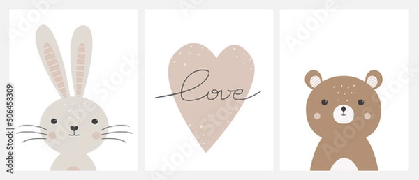 Fototapeta Cute bunny and teddy bear baby print. Cartoon vector illustration Scandinavian style. Wall art kids.  Boho set posters nursery. Textile design, postcards. Rabbit, bear and heart with the phrase lovе
