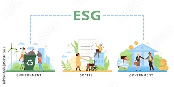 Fototapeta Company ethics of social, environmental and governance, ESG concept - flat vector illustration on white.