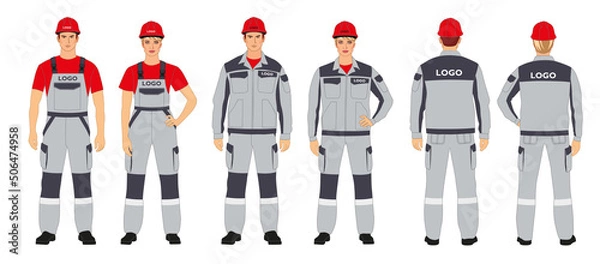 Obraz A set of branded overalls. Man and woman in branded work clothes. Helmets and overalls. Gray and red colors