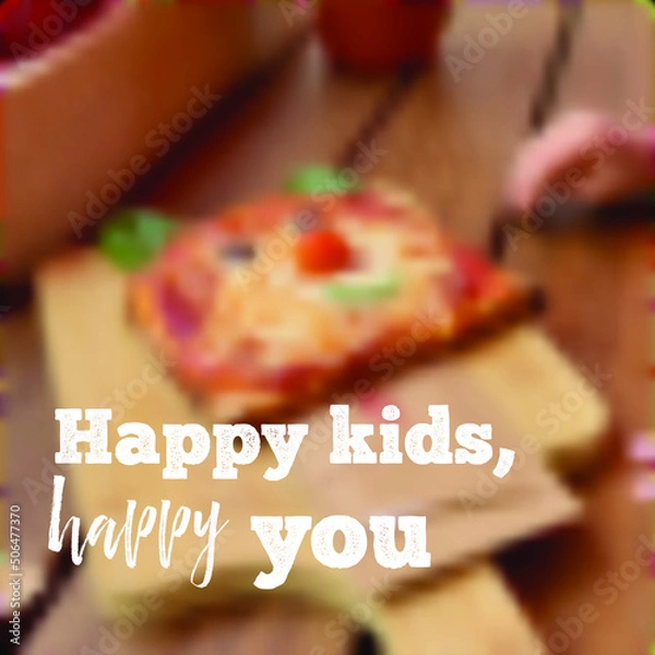 Fototapeta Mini pizza rozmyta dla dzieci, włoska restauracja, menu dla dzieci, projekt zaproszenia na imprezę Woukzer Projekt, jedząc pizzę w kawiarni, pizzeria, pizza. Szablon kuponów na prezent.