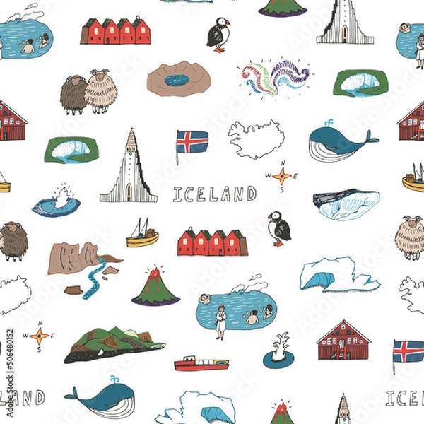 Fototapeta Iceland, Reykjavik architecture objects, travel vector seamless patten