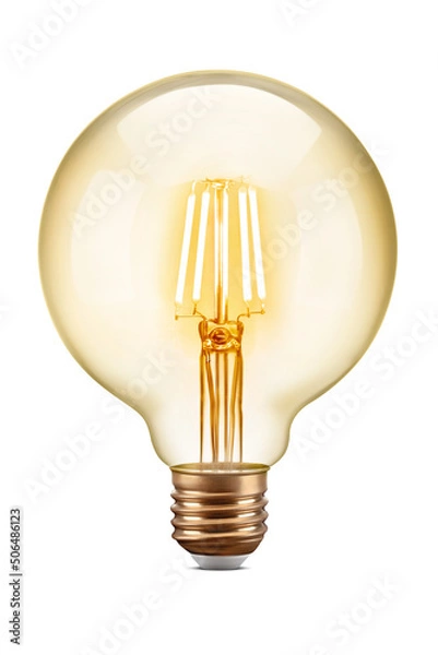 Fototapeta LED filament tungsten vintage round light bulb, isolated on white background