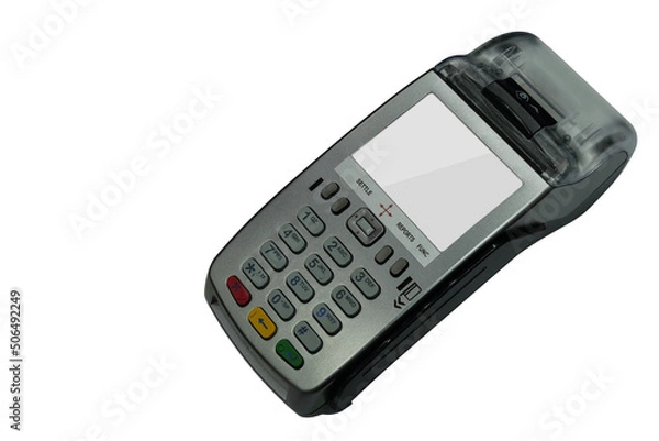 Fototapeta top view, silver and black cash card machine on white background, object,technology, business, copy space