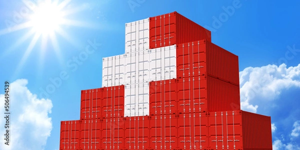 Fototapeta 3D Illustration container. 3D rendering of Swiss national flag color shipping container on blue sky. International logistics to Switzerland.
