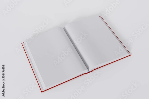 Fototapeta Mockup of a rectangular open book with a blank glossy, red cover on white background. Isolated with clipping path.