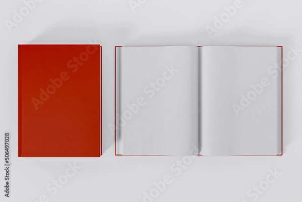 Fototapeta Mockup of two rectangular books with blank, red glossy covers on white background. Both closed and open. Isolated with clipping path.