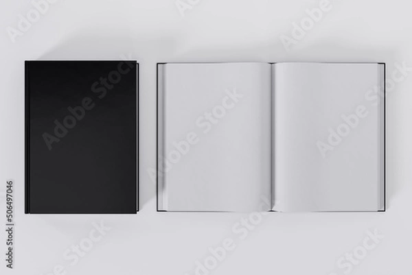 Fototapeta Mockup of two rectangular books with blank, black glossy covers on white background. Both closed and open. Isolated with clipping path.
