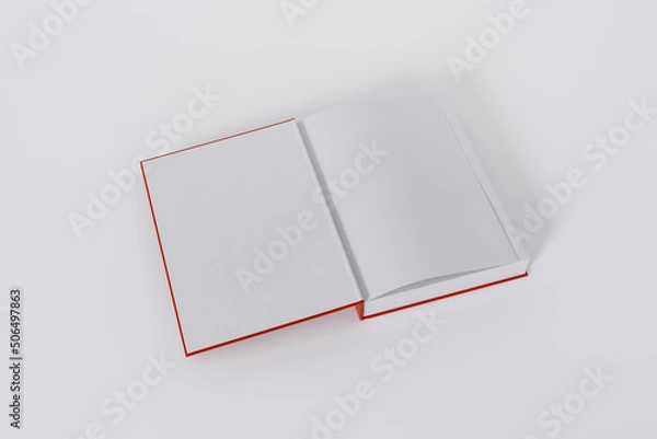 Fototapeta Mockup of a rectangular open on the first-page book with a blank, red glossy cover on white background. Isolated with clipping path.