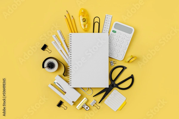 Fototapeta Mockup notebooks with School stationery supplies on yellow background. Concept back to school. Blank notebook with copy space