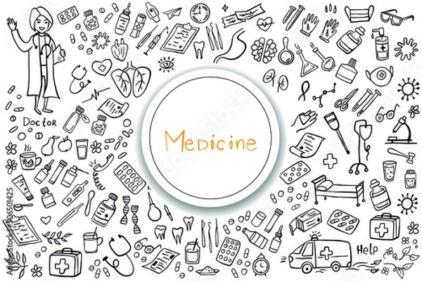 Fototapeta Medicine icons doodle set on white. Health care, pharmacy icons. Vector illustration.