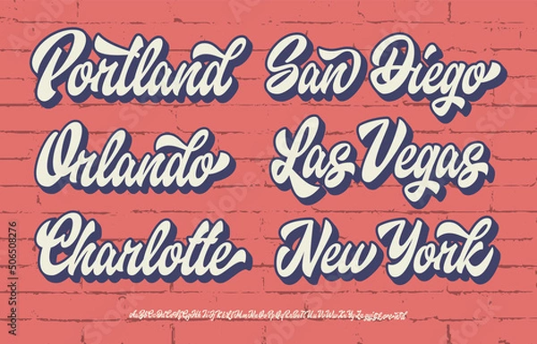 Obraz Original Brush Script Font with City Logos. Vector Illustration