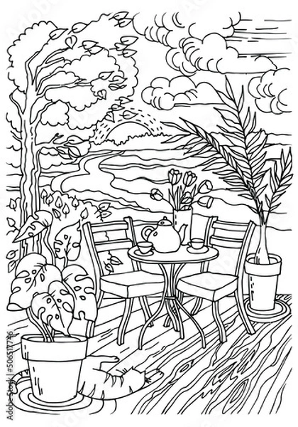 Fototapeta Wooden terrace with table for two tea time. Coloring page. Vacation. Bungalow terrace with Summer landscape seashore beach. Sketch vector illustration 