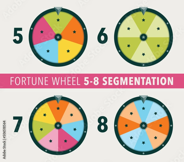 Fototapeta Collection of fortune wheel flat illustrations. 5, 6, 7 and 8 segmentation fortune wheel objects.