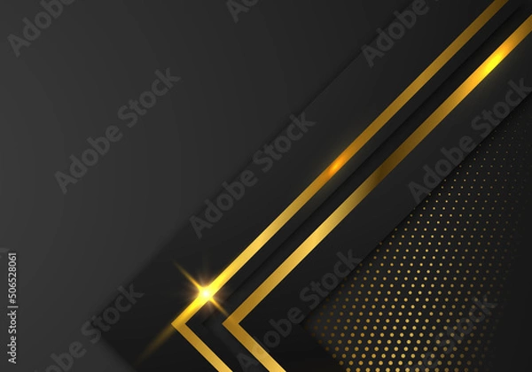 Fototapeta Abstract Premium Black Geometric Overlap Layers with Stripe Golden Line Luxury Style on Dark Background with Copy Space