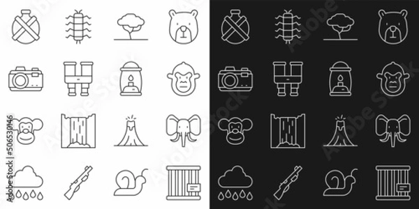 Fototapeta Set line Animal cage, Elephant, Monkey, African tree, Binoculars, Photo camera, Canteen water bottle and Camping lantern icon. Vector