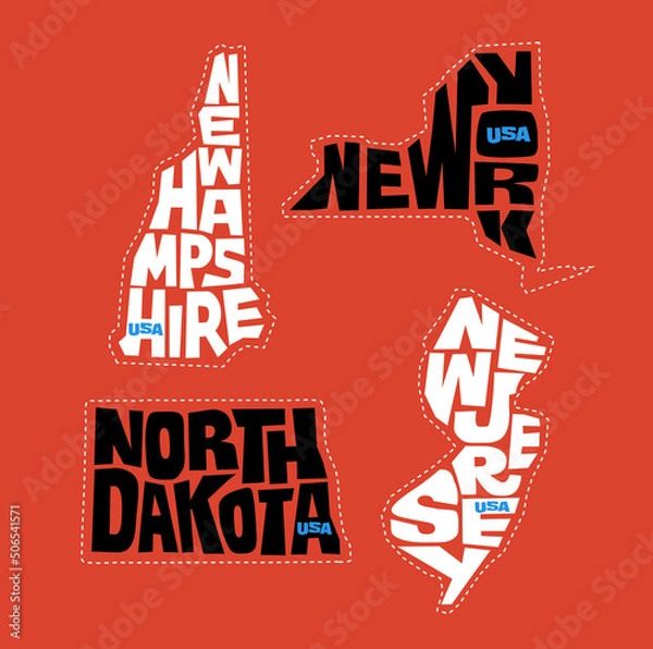 Fototapeta New Hampshire, New York, North Dakota, New Jersey state names distorted into state outlines. Pop art style vector illustration for stickers, t-shirts, posters and social media.