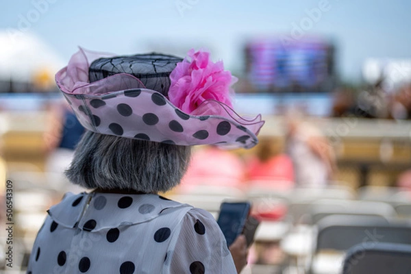 Obraz An attendee at a horse race, wearing a fancy hat.