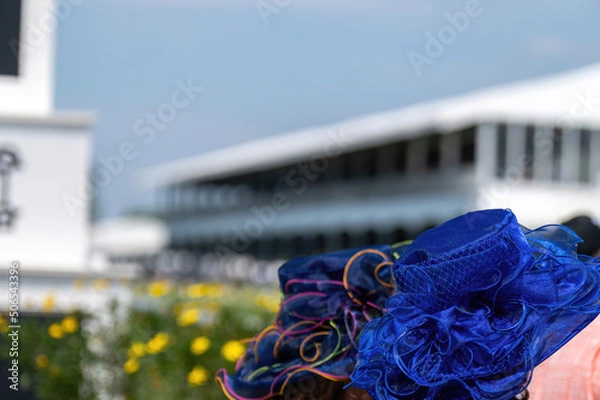 Obraz An attendee at a horse race, wearing a fancy hat.