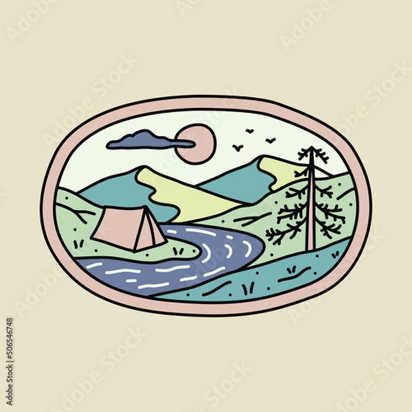 Obraz Camping with good place in the nature beside river graphic illustration vector art t-shirt design