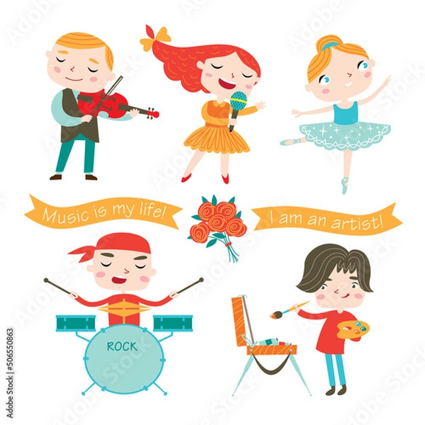 Fototapeta Children studying arts . Vector collection isolated on a white background.