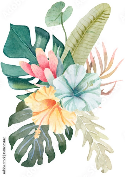 Obraz Watercolor tropical floral arrangement. Bouquet of exotic flowers. Isolated on white background.