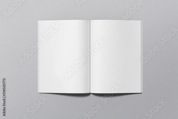 Obraz A4 magazine mockup top view, book or catalog on gray table. Blank page or notepad on solid background. Blank page or notepad for mockups or simulations.