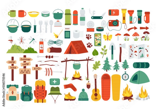 Obraz Large set of hiking equipment. Items for summer camping, trekking. Travel supplies icons for outdoor base camp. Backpack, campfire, tent, pointers, bowler hat. Isolated flat vector illustration