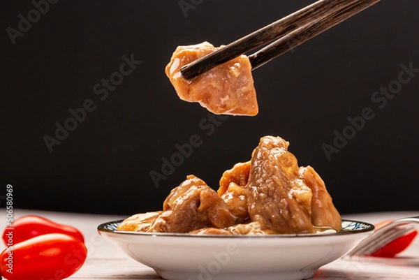 Fototapeta Cooked beef macro closeup, braised beef
