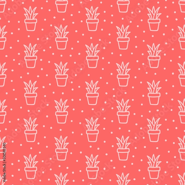 Fototapeta Pink outline cactus seamless pattern with pink background.
