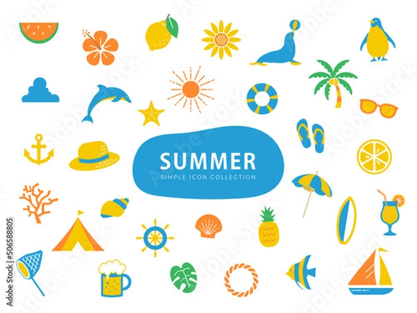 Fototapeta 夏のシンプルなイラストアイコンセット / ノーマル / ビーチ、海、自然、動物、花、フルーツ