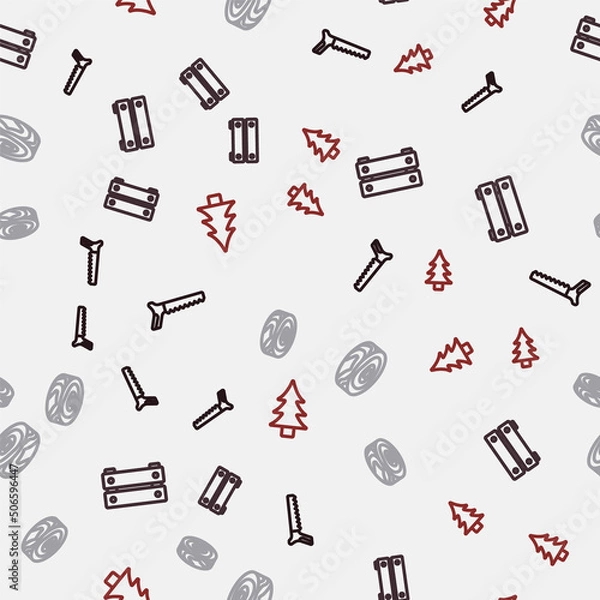 Fototapeta Set line Hand saw, Wooden box, Tree rings and on seamless pattern. Vector