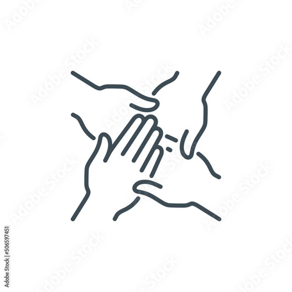 Obraz Unity team and teamwork single line icon isolated on white Perfect outline symbol Togetherness and cooperation team. Group of four people holding arms together design element with editable Stroke line