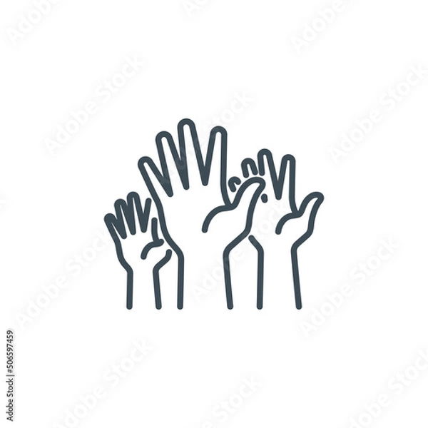 Fototapeta group of human hands raised up vote single line icon isolated on white. Perfect outline symbol voting by show palm. volunteers community unanimously raised up hands design element with editable Stroke