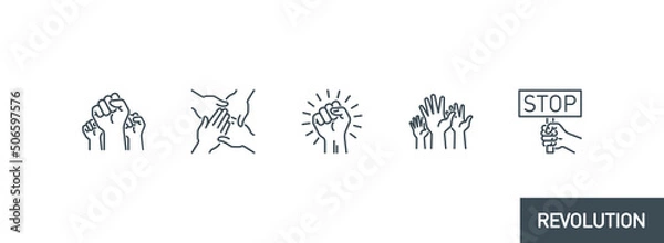 Fototapeta raised up fist in protest no war single line icons set isolated on white. Perfect outline symbol raised up fist revolution riot. freedom power design with editable Stroke. People rights line icons set