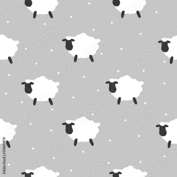 Obraz Simple sheep pattern. cute white sheep and dots . grey background. Fashionable print for children's textiles, wallpaper and packaging.