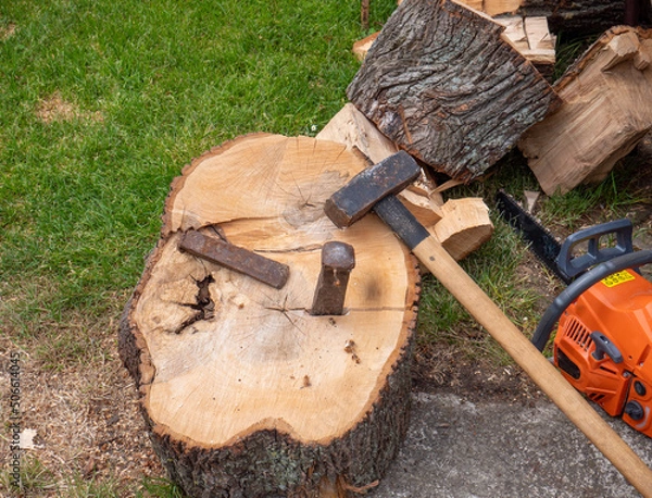 Obraz Forstwirtschaft Holzspalten mit Keil und Hammer