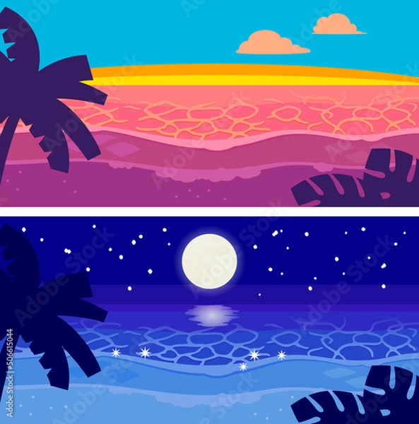 Fototapeta 夕暮れのビーチと夜のビーチの背景イラスト