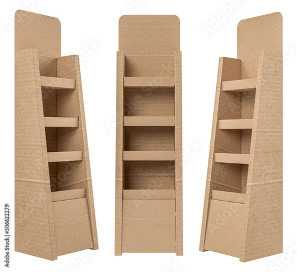 Obraz 3D rendering - High resolution image pos floor display  box template isolated on white background, high quality details of cardboard