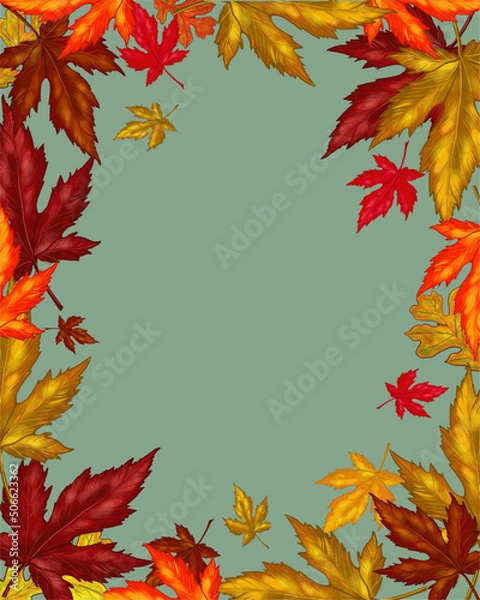Fototapeta Autumn Frame background of bright autumn leaves and berries, copy space, illustration, hand drawing, vector