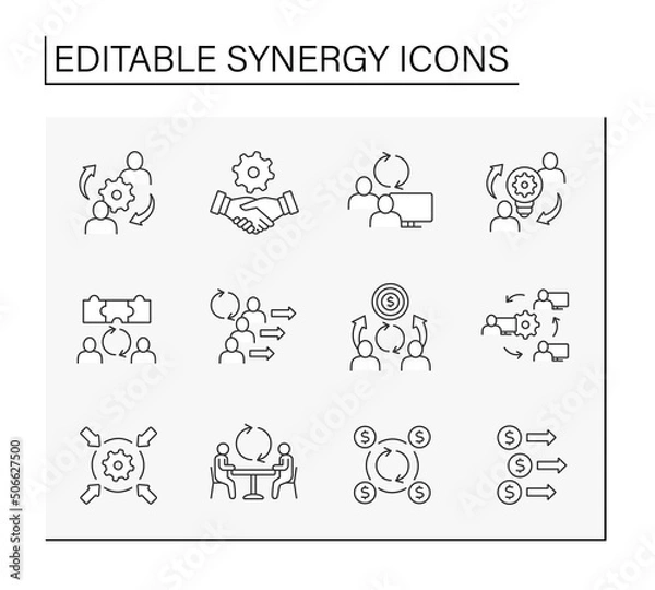 Fototapeta Synergy line icons set. Interaction or cooperation of organizations. Ideas generated. Coworking concept. Isolated vector illustrations. Editable stroke
