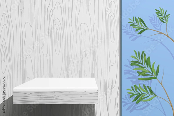Obraz Wooden shelf on wooden wall and green plant in the room. White textured empty 3d podium for product. Realistic wood texture.
