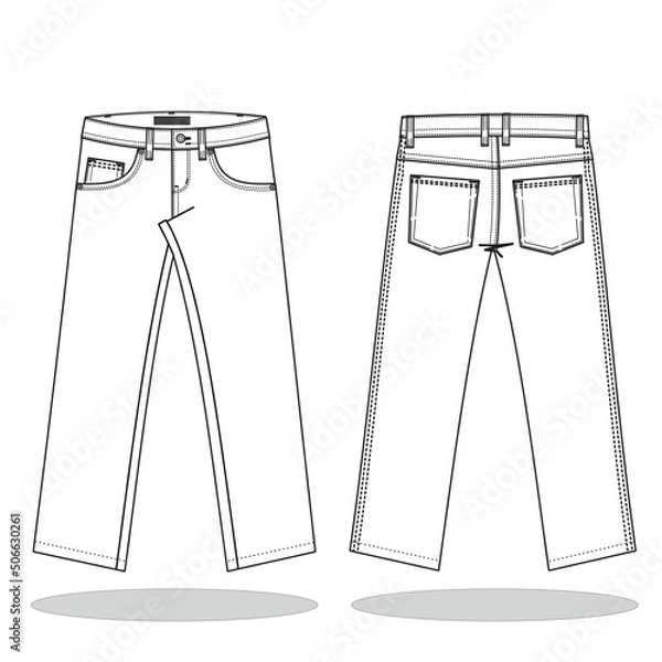 Fototapeta Denim Pant flat sketch design template. Men’s denim long pant Technical Fashion Illustration. Denim Pant technical sketch for tech pack design Front and Back View Vector