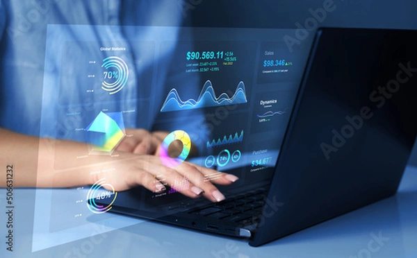 Fototapeta Advisor using KPI Dashboard on virtual screen.Business finance data analytics graph.Financial management technology.