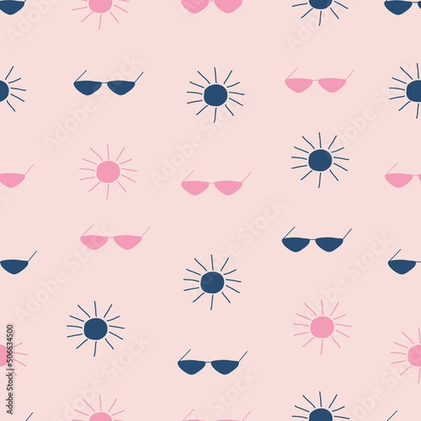 Obraz Sun and sunglasses hand drawn vector illustration. Colorful summer seamless pattern for kids fabric or wallpaper.