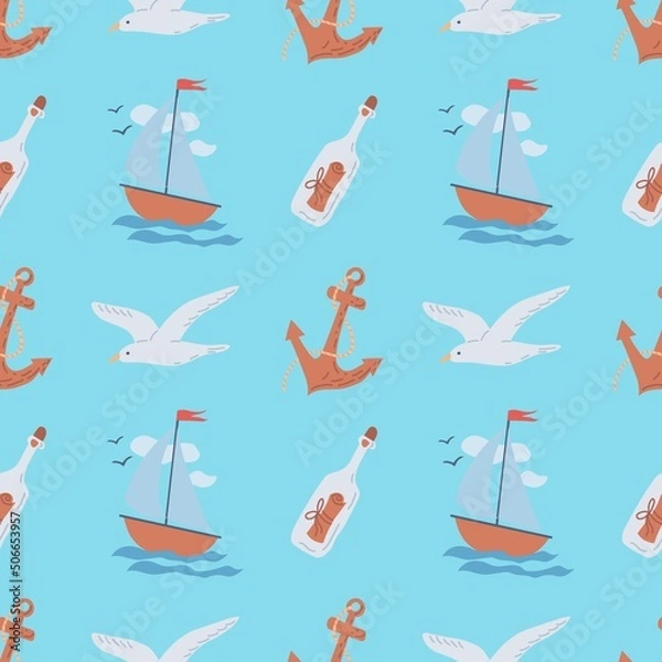 Fototapeta Seamless summer pattern on a marine theme. Flat vector illustration