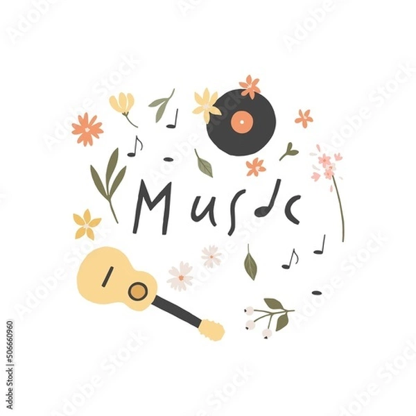 Obraz Square summer card with handwritten lettering, summer market elements and seasonal decorations - leaves, flowers, photo camera, sunglasses, seashell. Flat colored vector illustration