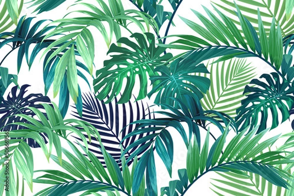 Fototapeta Seamless hand drawn tropical vector pattern with monstera palm leaves.