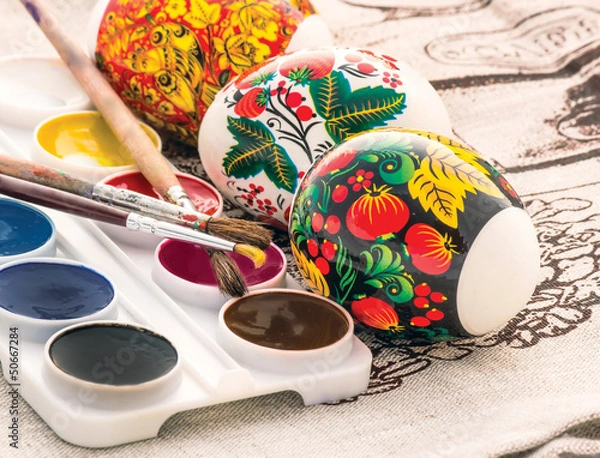 Obraz religious spring easter egg painted watercolor brush closeup